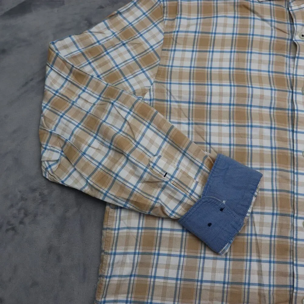 Banana Republic Shirt Mens Large Brown Plaid Button Up Flip Cuff Work Dress